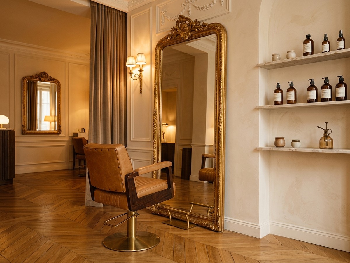 Atmosphère chaleureuse et élégante du salon Atelier Miroir avec son grand miroir biseauté haussmannien et fauteuil en cuir fauve